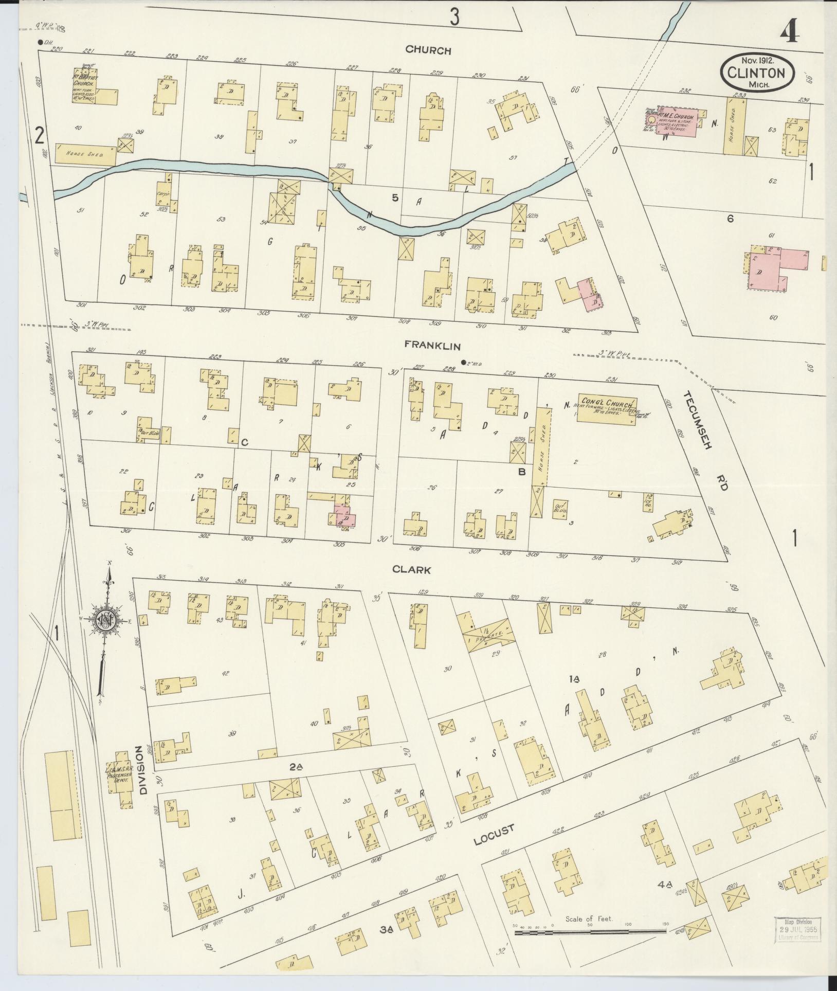 Sanborn Fire Insurance Map from Clinton, Lenawee County, Michigan (1912), Sheet #0004 - Complete Map Set gallery image, historic Sanborn map, vintage wall art, Michigan Michigan