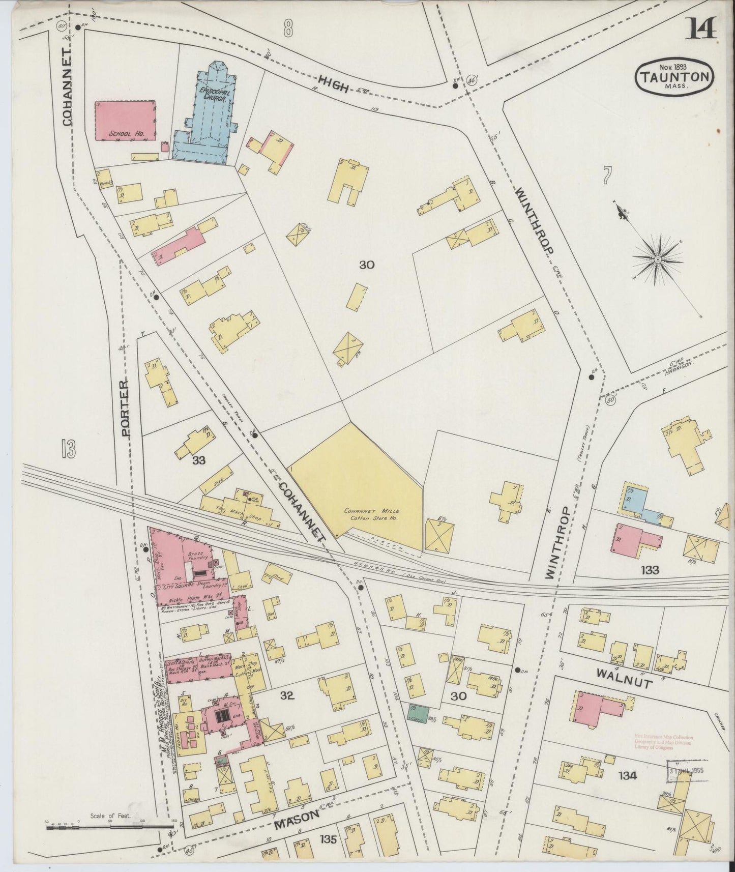 Sanborn Fire Insurance Map from Taunton, Bristol County, Massachusetts (1893), Sheet #0014 - Historic Sanborn Fire Insurance Map Print, vintage old map wall art, antique decor, genealogy gift, Massachusetts Massachusetts map