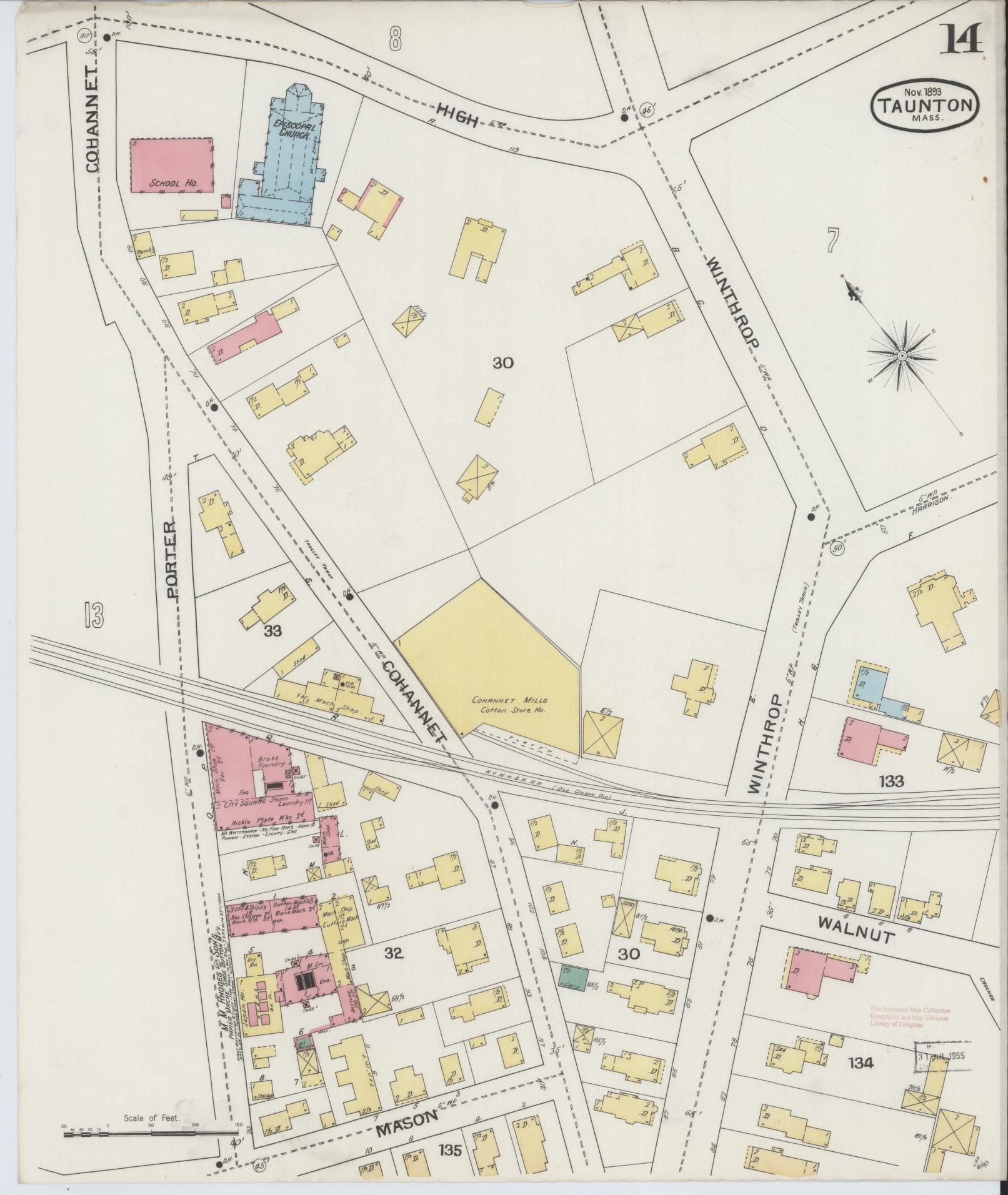 Sanborn Fire Insurance Map from Taunton, Bristol County, Massachusetts (1893), Sheet #0014 - Historic Sanborn Fire Insurance Map Print, vintage old map wall art, antique decor, genealogy gift, Massachusetts Massachusetts map