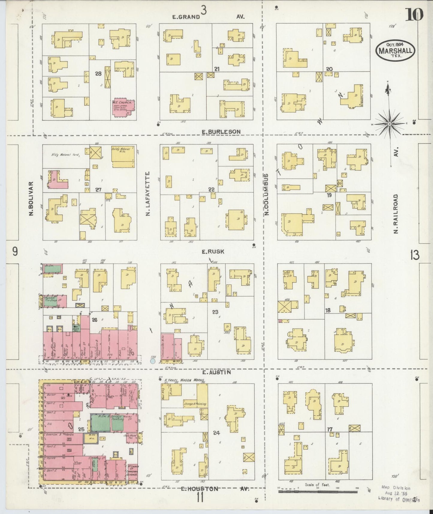 Sanborn Fire Insurance Map from Marshall, Harrison County, Texas (1904), Sheet #0010 - Complete Map Set gallery image, historic Sanborn map, vintage wall art, Texas Texas