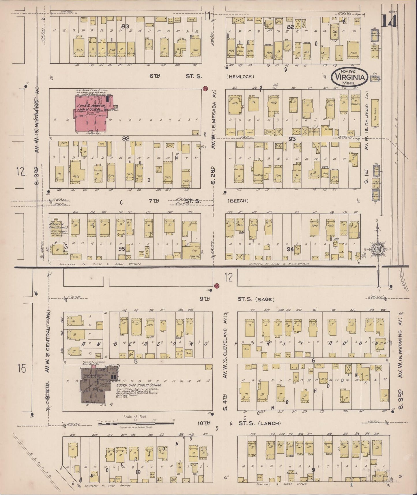Sanborn Fire Insurance Map from Virginia, Saint Louis County, Minnesota (1921), Sheet #0014 - Complete Map Set gallery image, historic Sanborn map, vintage wall art, Minnesota Minnesota
