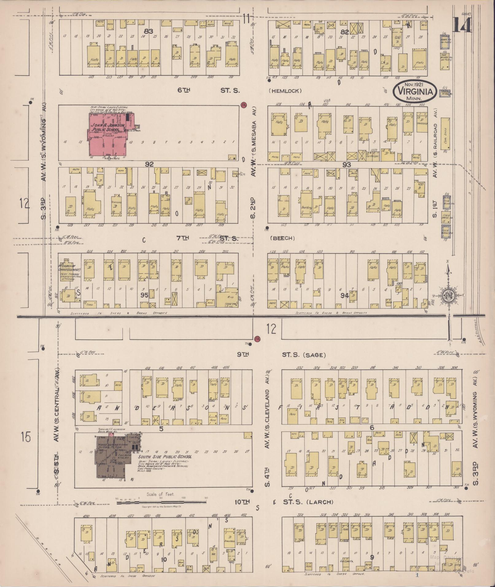 Sanborn Fire Insurance Map from Virginia, Saint Louis County, Minnesota (1921), Sheet #0014 - Complete Map Set gallery image, historic Sanborn map, vintage wall art, Minnesota Minnesota
