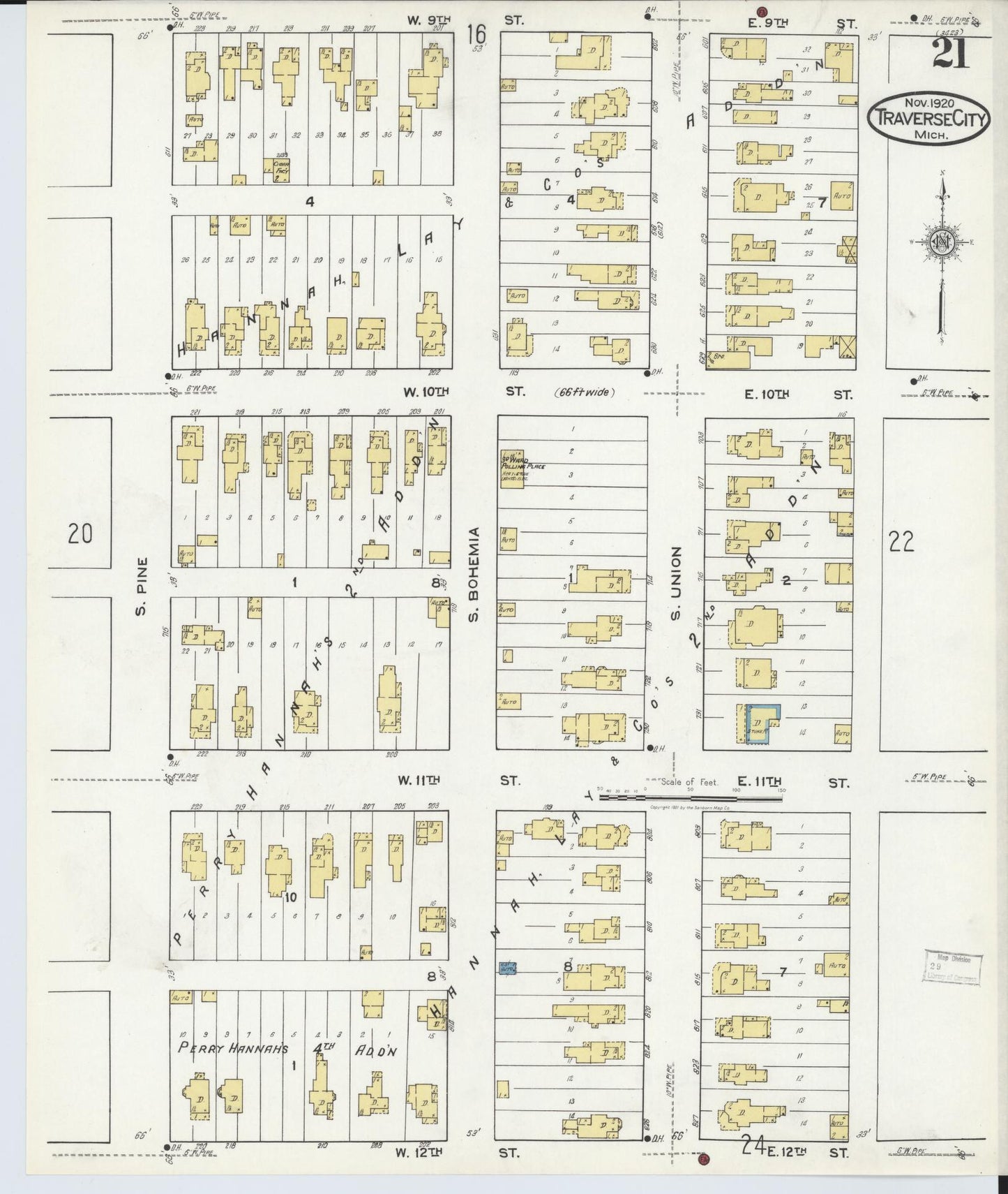 Sanborn Fire Insurance Map from Traverse City, Grand Traverse County, Michigan (1920), Sheet #0021 - Historic Sanborn Fire Insurance Map Print, vintage old map wall art, antique decor, genealogy gift, Michigan Michigan map