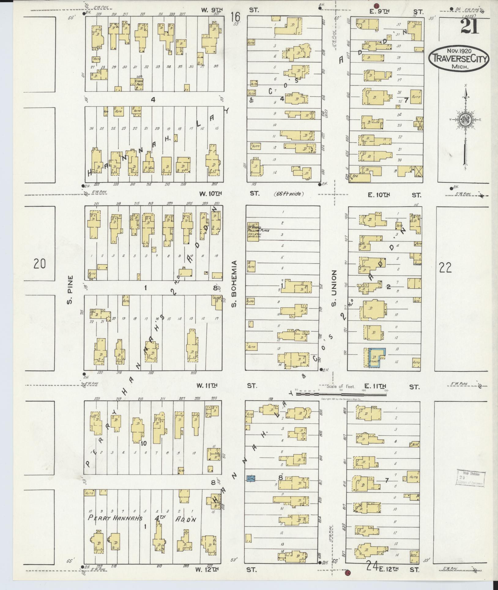 Sanborn Fire Insurance Map from Traverse City, Grand Traverse County, Michigan (1920), Sheet #0021 - Historic Sanborn Fire Insurance Map Print, vintage old map wall art, antique decor, genealogy gift, Michigan Michigan map
