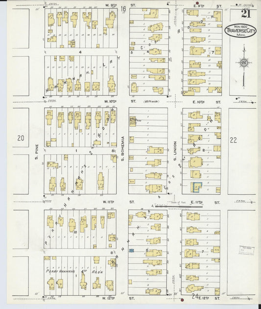 Sanborn Fire Insurance Map from Traverse City, Grand Traverse County, Michigan (1920), Sheet #0021 - Historic Sanborn Fire Insurance Map Print, vintage old map wall art, antique decor, genealogy gift, Michigan Michigan map