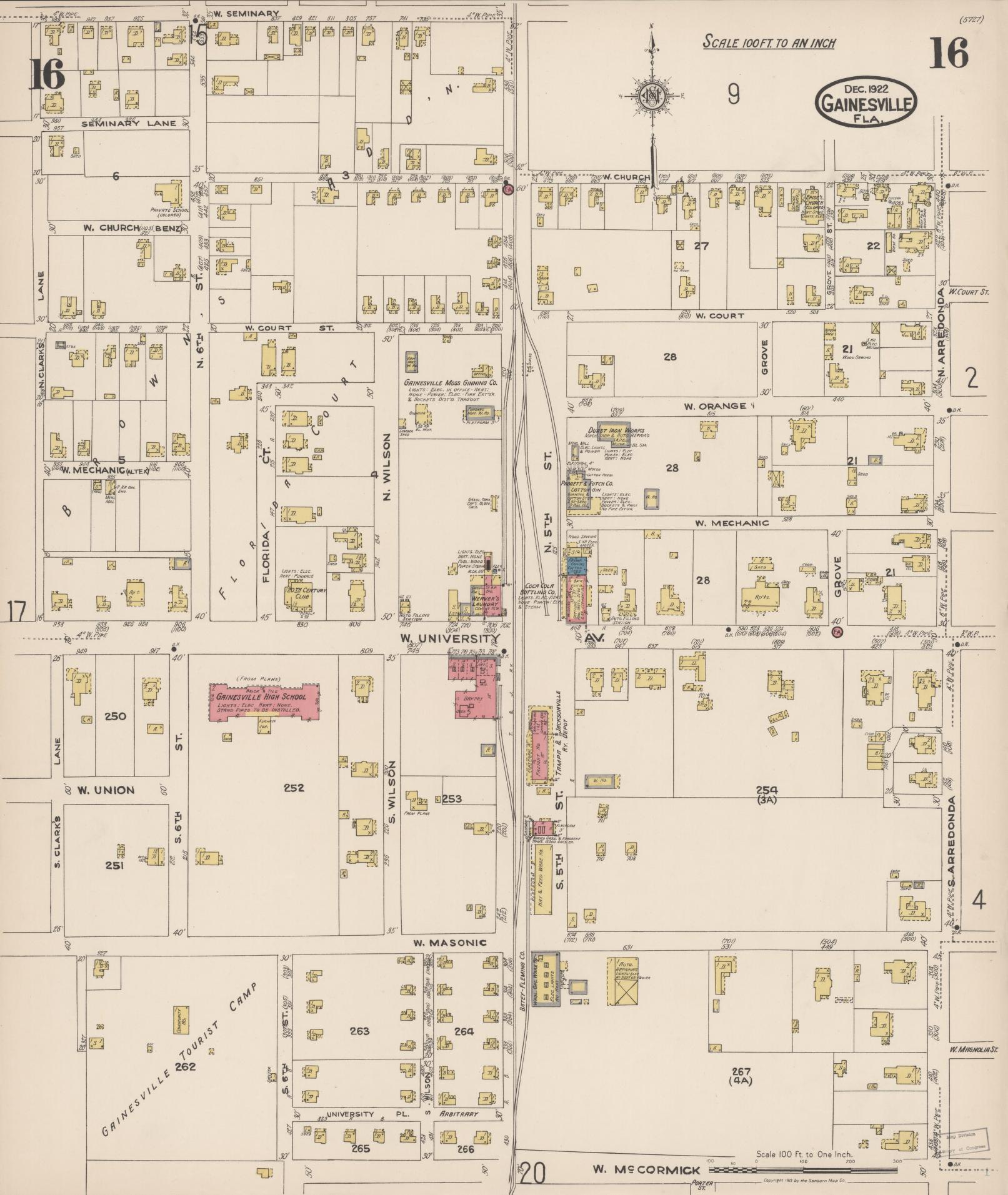 Sanborn Fire Insurance Map from Gainesville, Alachua County, Florida (1922), Sheet #0016 - Historic Sanborn Fire Insurance Map Print, vintage old map wall art, antique decor, genealogy gift, Florida Florida map