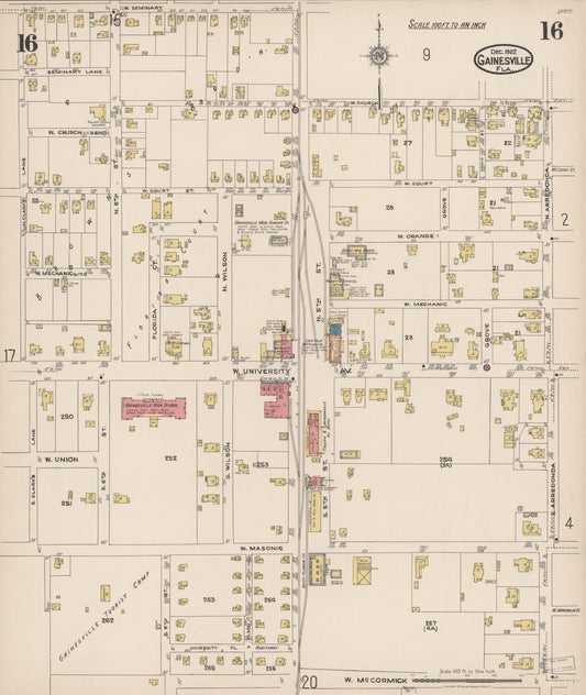 Sanborn Fire Insurance Map from Gainesville, Alachua County, Florida (1922), Sheet #0016 - Historic Sanborn Fire Insurance Map Print, vintage old map wall art, antique decor, genealogy gift, Florida Florida map