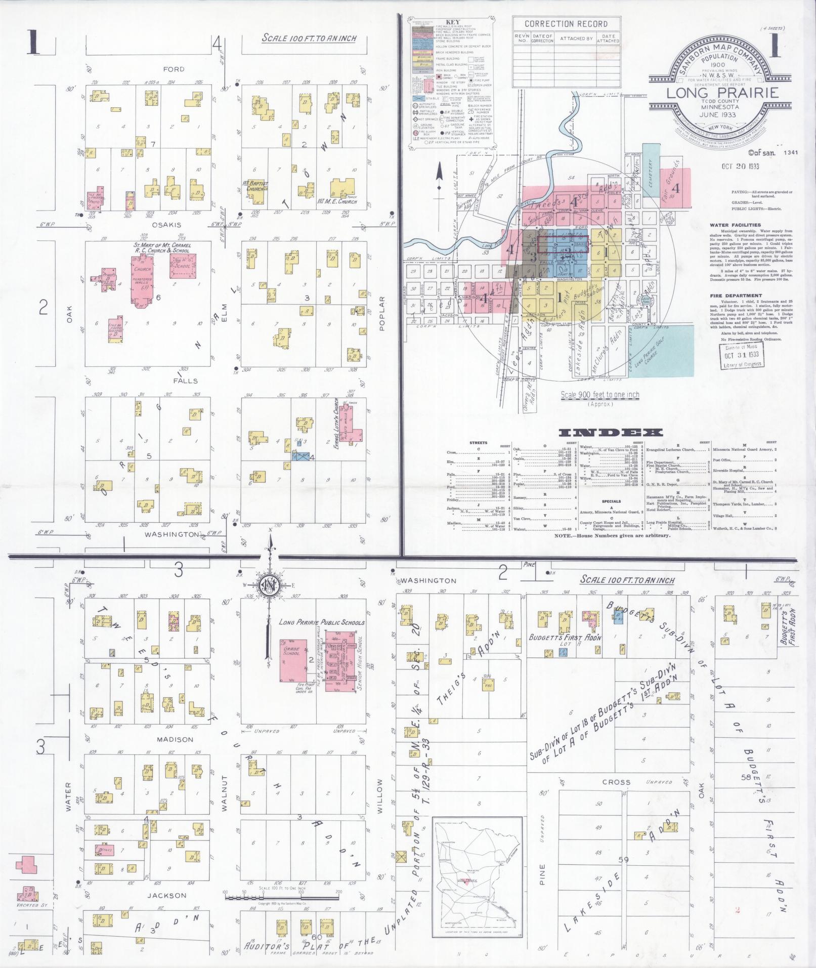 Sanborn Fire Insurance Map from Long Prairie, Todd County, Minnesota (1933), Sheet #0001 - Complete Map Set gallery image, historic Sanborn map, vintage wall art, Minnesota Minnesota