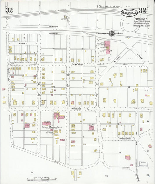 Sanborn Fire Insurance Map from Moundsville, Marshall County, West Virginia (1923), Sheet #0032 - Historic Sanborn Fire Insurance Map Print, vintage old map wall art, antique decor, genealogy gift, West Virginia West Virginia map