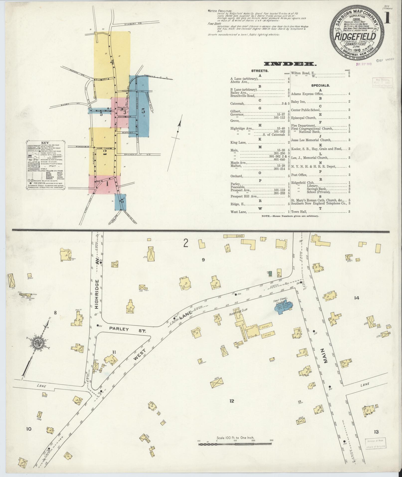 Sanborn Fire Insurance Map from Ridgefield, Fairfield County, Connecticut (1910), Sheet #0001 - Historic Sanborn Fire Insurance Map Print, vintage old map wall art, antique decor, genealogy gift, Connecticut Connecticut map
