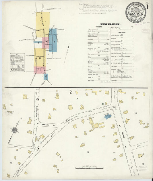 Sanborn Fire Insurance Map from Ridgefield, Fairfield County, Connecticut (1910), Sheet #0001 - Historic Sanborn Fire Insurance Map Print, vintage old map wall art, antique decor, genealogy gift, Connecticut Connecticut map