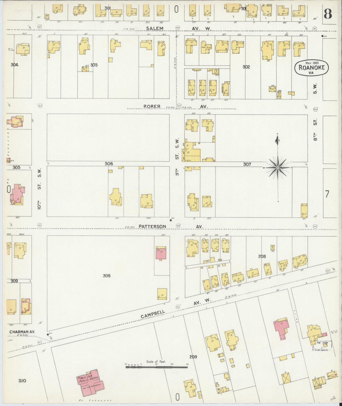 Sanborn Fire Insurance Map from Roanoke, Independent Cities, Virginia (1903), Sheet #0008 - Complete Map Set gallery image, historic Sanborn map, vintage wall art, Virginia Virginia