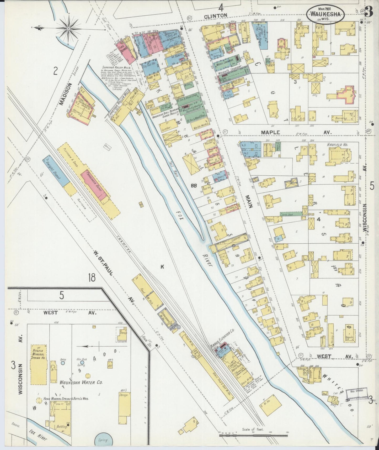 Sanborn Fire Insurance Map from Waukesha, Waukesha County, Wisconsin (1901), Sheet #0003 - Complete Map Set gallery image, historic Sanborn map, vintage wall art, Wisconsin Wisconsin