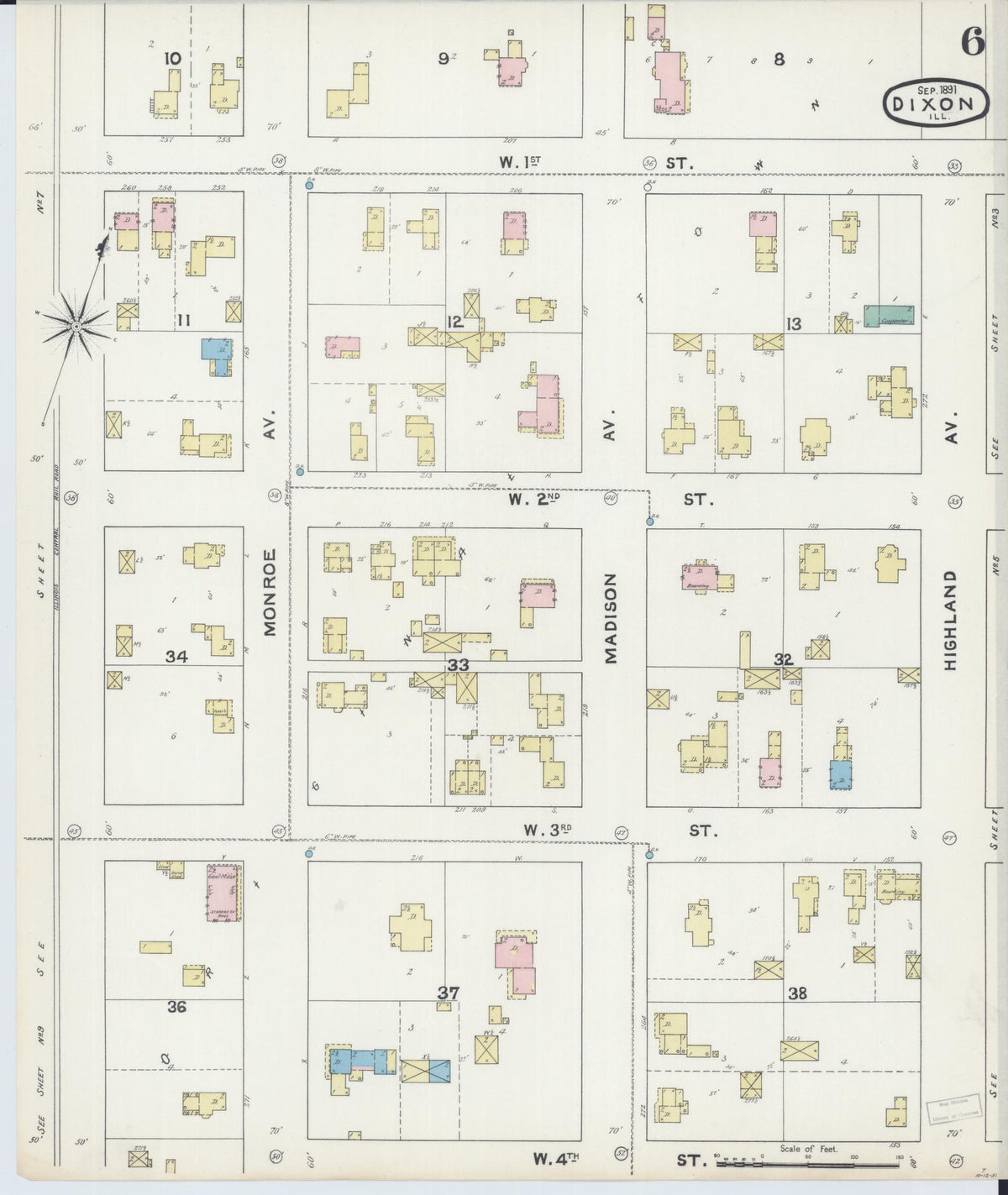 Sanborn Fire Insurance Map from Dixon, Lee County, Illinois (1891), Sheet #0006 - Historic Sanborn Fire Insurance Map Print, vintage old map wall art, antique decor, genealogy gift, Illinois Illinois map