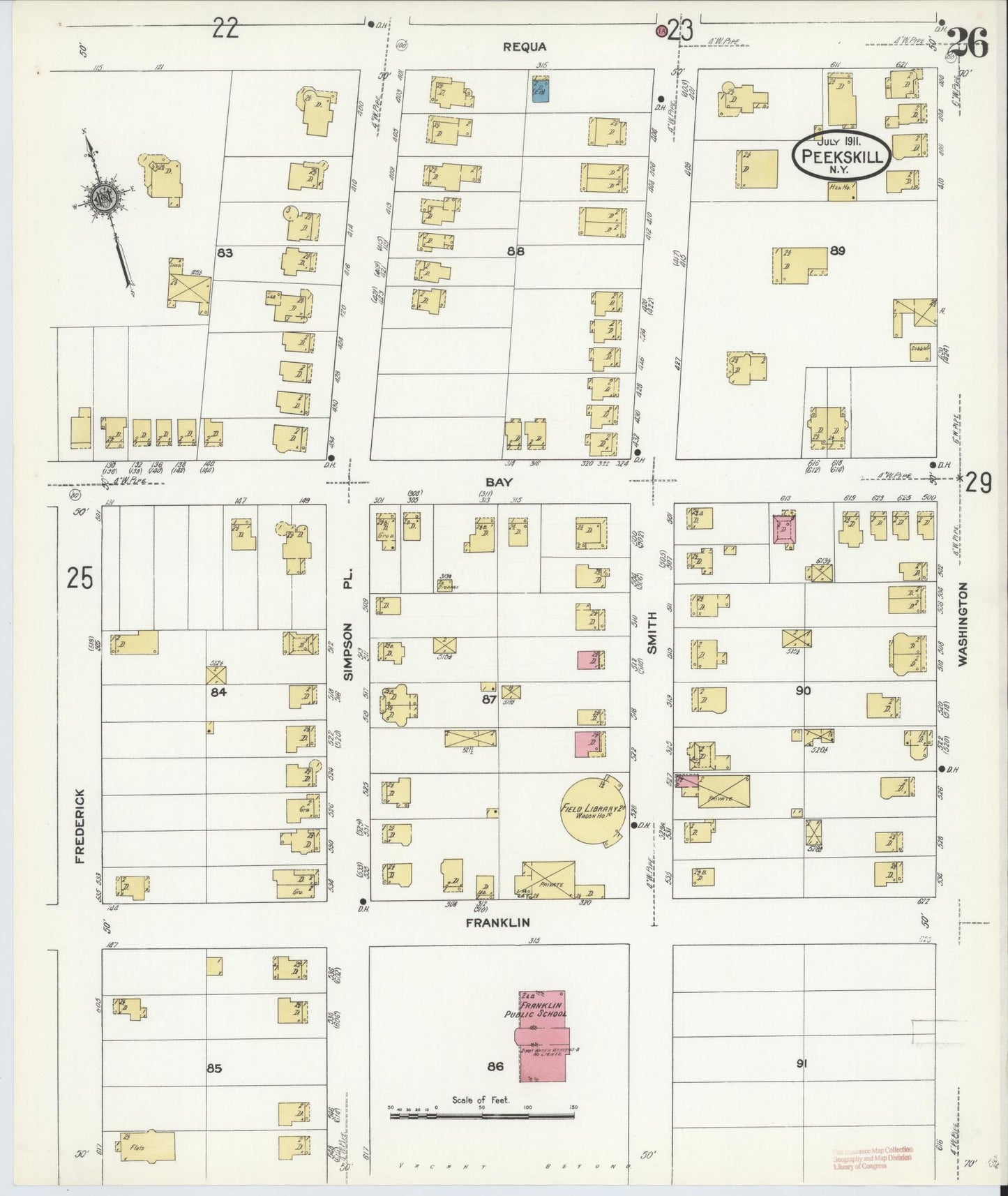 Sanborn Fire Insurance Map from Peekskill, Westchester County, New York (1911), Sheet #0026 - Historic Sanborn Fire Insurance Map Print, vintage old map wall art, antique decor, genealogy gift, New York New York map