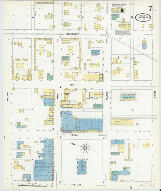 Sanborn Fire Insurance Map from Lampasas, Lampasas County, Texas (1907), Sheet #0007 - Historic Sanborn Fire Insurance Map Print, vintage old map wall art, antique decor, genealogy gift, Texas Texas map