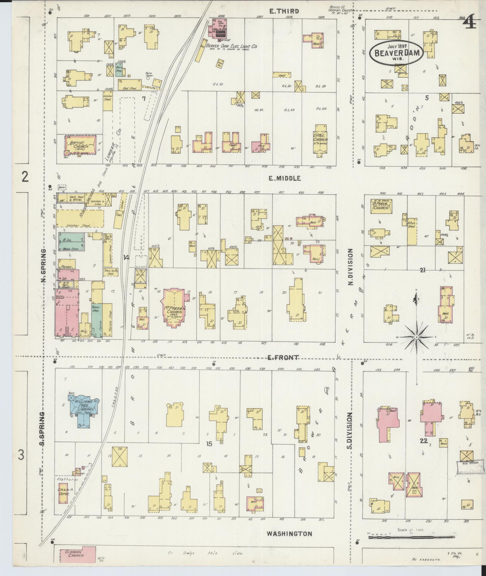 Sanborn Fire Insurance Map from Beaver Dam, Dodge County, Wisconsin (1897), Sheet #0004 - Historic Sanborn Fire Insurance Map Print, vintage old map wall art, antique decor, genealogy gift, Wisconsin Wisconsin map