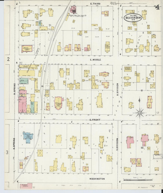 Sanborn Fire Insurance Map from Beaver Dam, Dodge County, Wisconsin (1897), Sheet #0004 - Historic Sanborn Fire Insurance Map Print, vintage old map wall art, antique decor, genealogy gift, Wisconsin Wisconsin map
