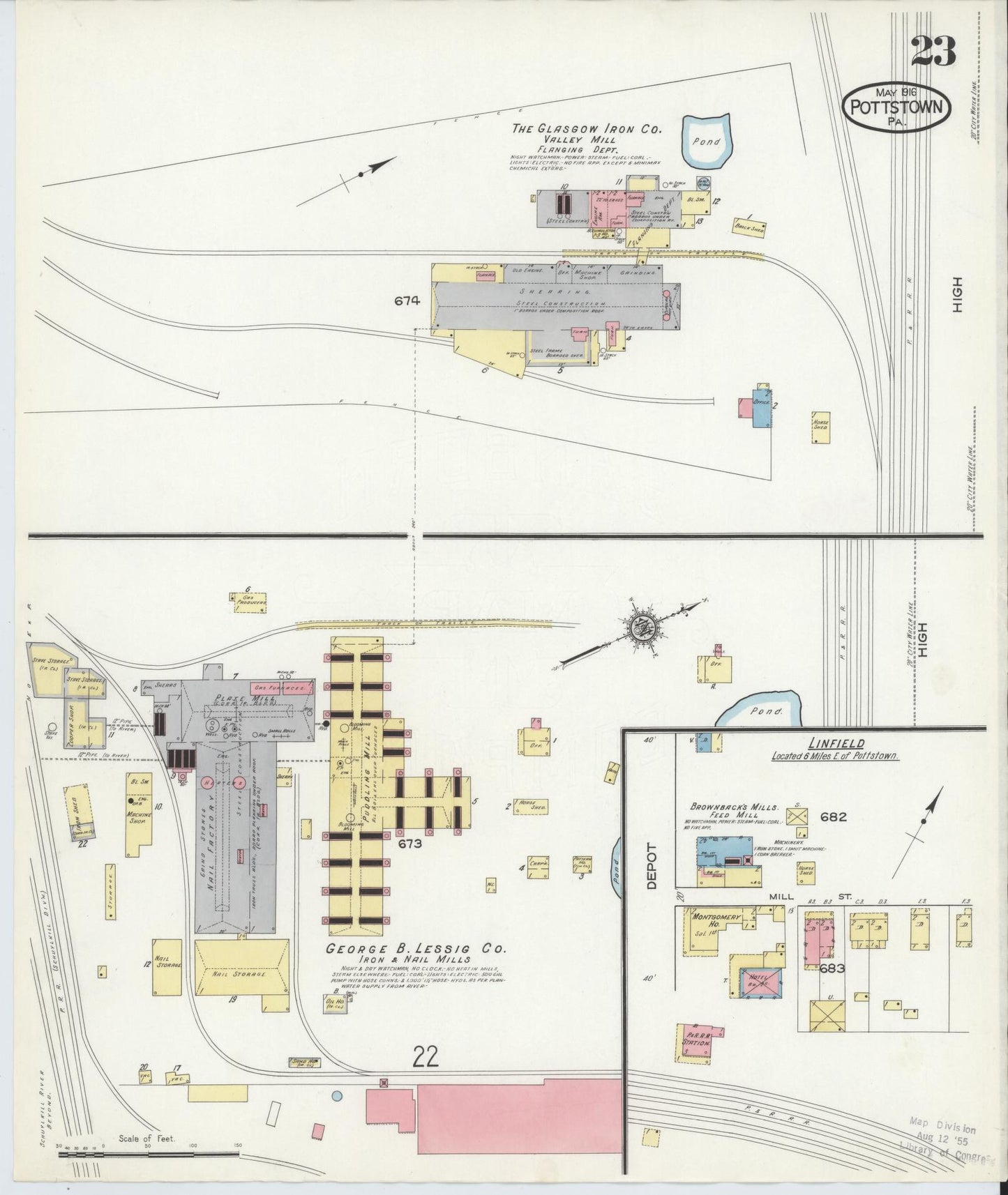 Sanborn Fire Insurance Map from Pottstown, Montgomery County, Pennsylvania (1916), Sheet #0023 - Historic Sanborn Fire Insurance Map Print, vintage old map wall art, antique decor, genealogy gift, Pennsylvania Pennsylvania map