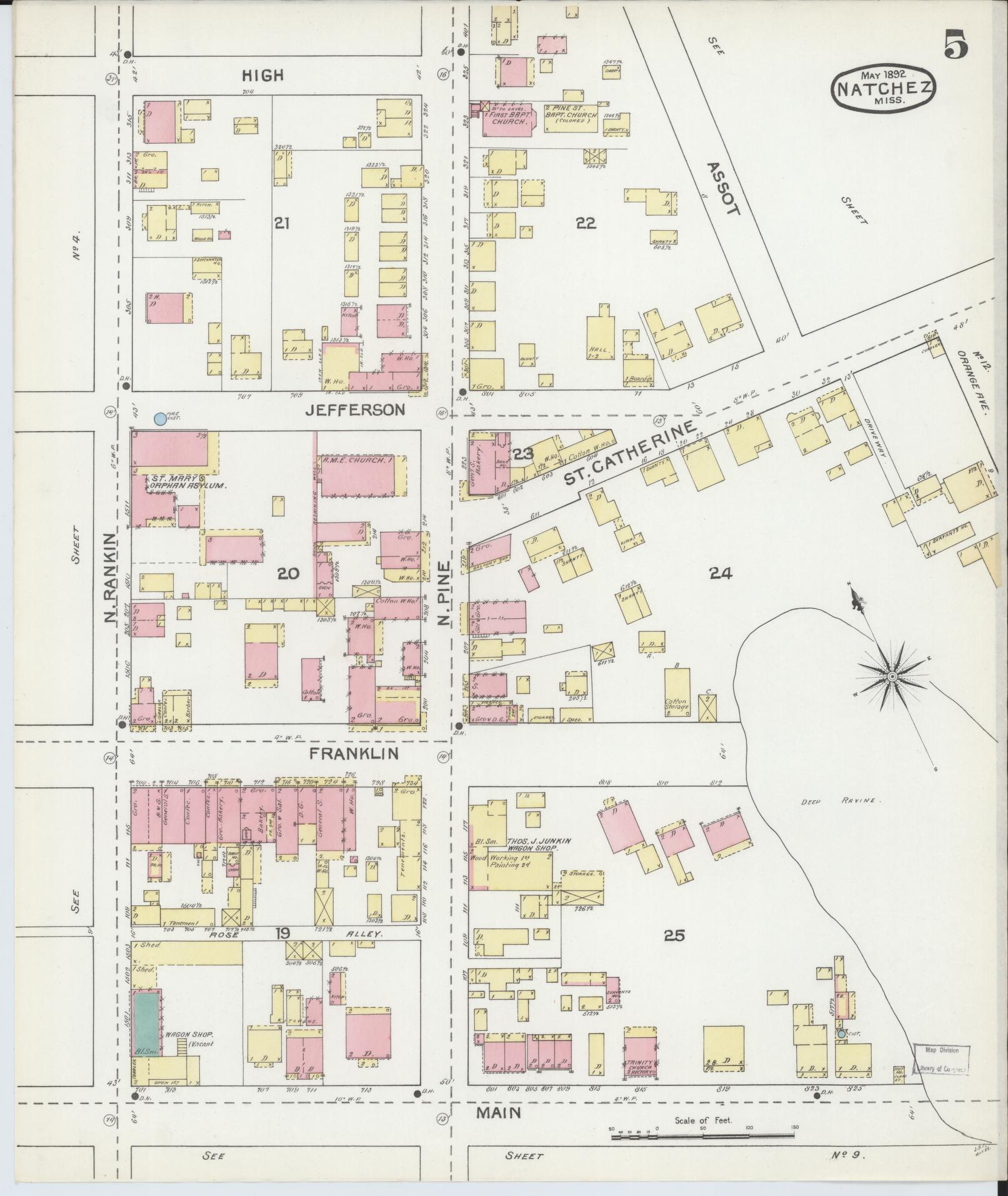 Sanborn Fire Insurance Map from Natchez, Adams County, Mississippi (1892), Sheet #0005 - Historic Sanborn Fire Insurance Map Print, vintage old map wall art, antique decor, genealogy gift, Mississippi Mississippi map