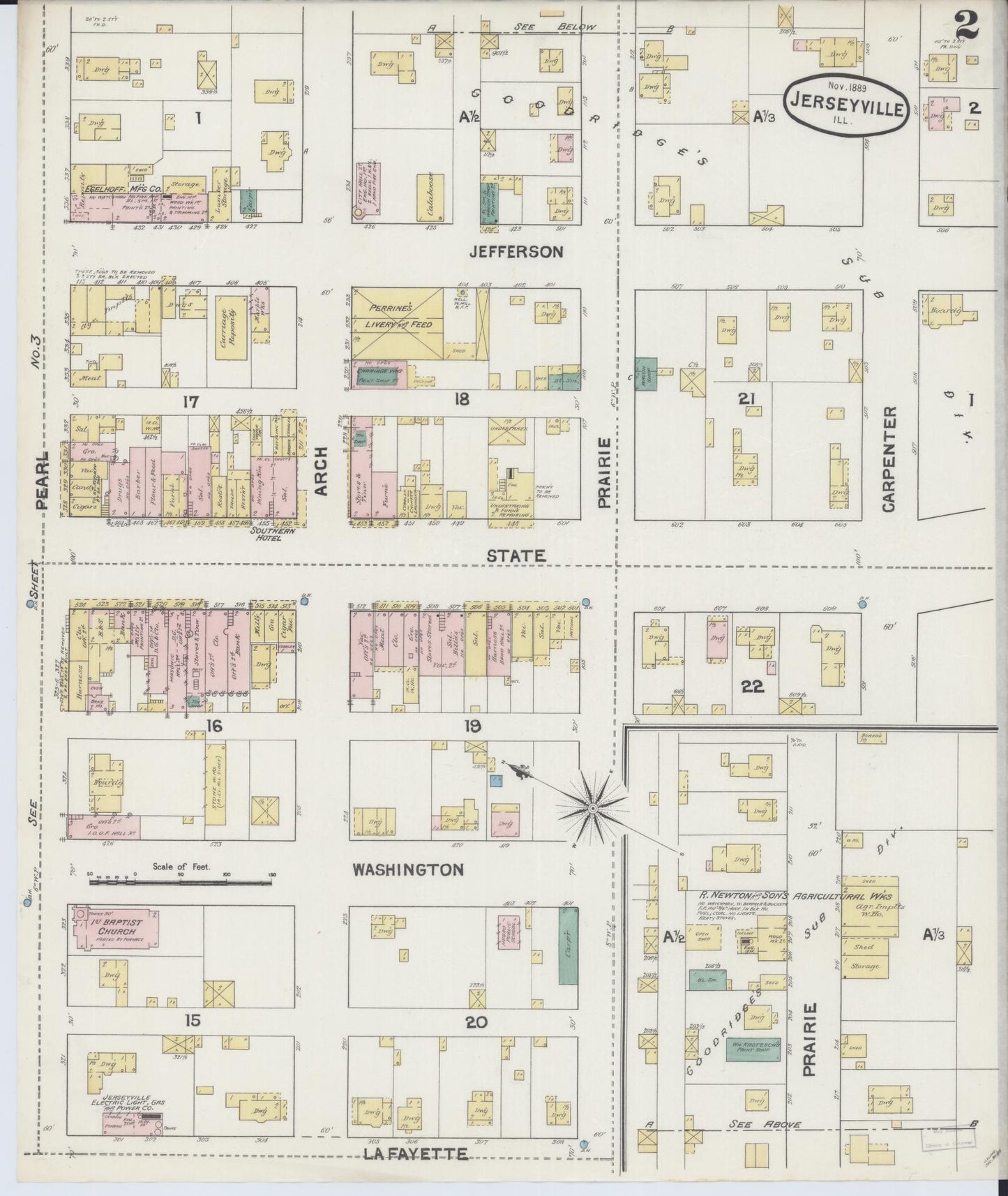 Sanborn Fire Insurance Map from Jerseyville, Jersey County, Illinois (1889), Sheet #0002 - Complete Map Set gallery image, historic Sanborn map, vintage wall art, Illinois Illinois