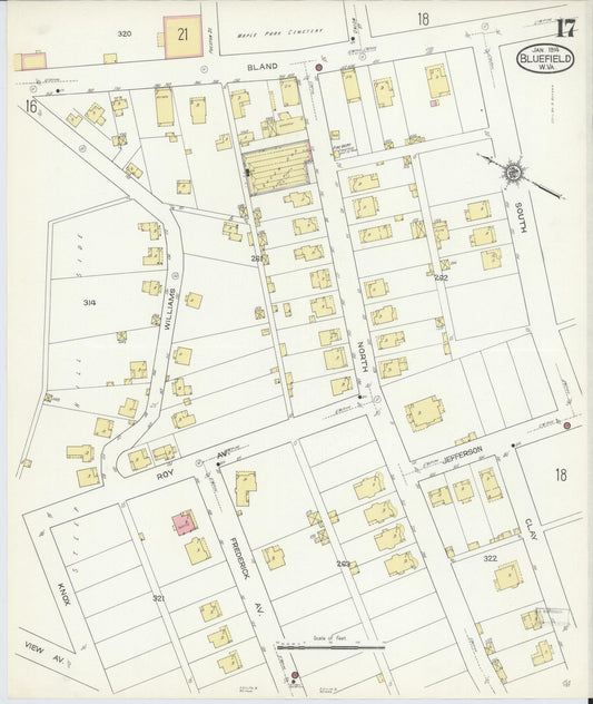 Sanborn Fire Insurance Map from Bluefield, Mercer County, West Virginia (1914), Sheet #0017 - Historic Sanborn Fire Insurance Map Print, vintage old map wall art, antique decor, genealogy gift, West Virginia West Virginia map