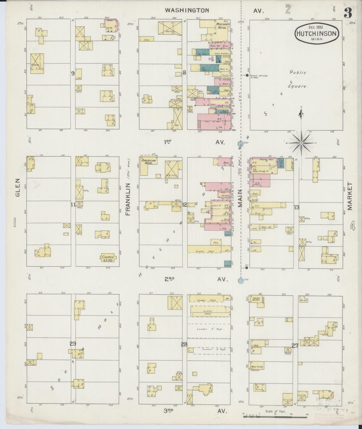 Sanborn Fire Insurance Map from Hutchinson, Mcleod County, Minnesota (1893), Sheet #0003 - Complete Map Set gallery image, historic Sanborn map, vintage wall art, Minnesota Minnesota
