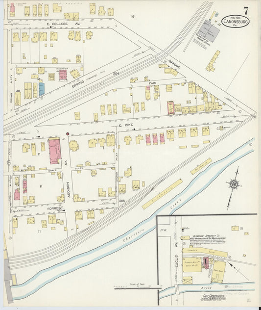 Sanborn Fire Insurance Map from Canonsburg, Washington County, Pennsylvania (1913), Sheet #0007 - Historic Sanborn Fire Insurance Map Print, vintage old map wall art, antique decor, genealogy gift, Pennsylvania Pennsylvania map