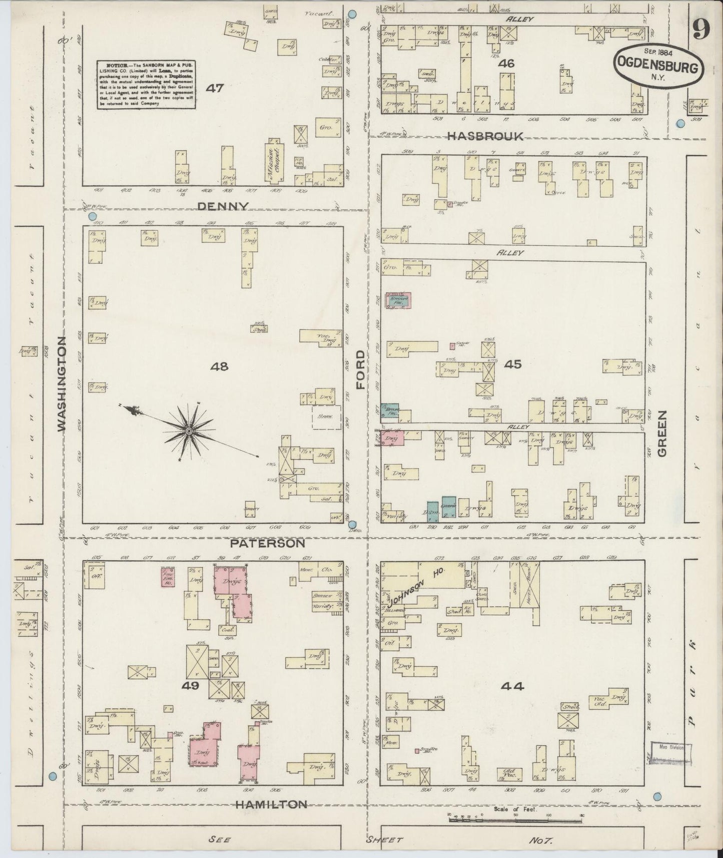 Sanborn Fire Insurance Map from Ogdensburg, St. Lawrence County, New York (1884), Sheet #0009 - Complete Map Set gallery image, historic Sanborn map, vintage wall art, New York New York