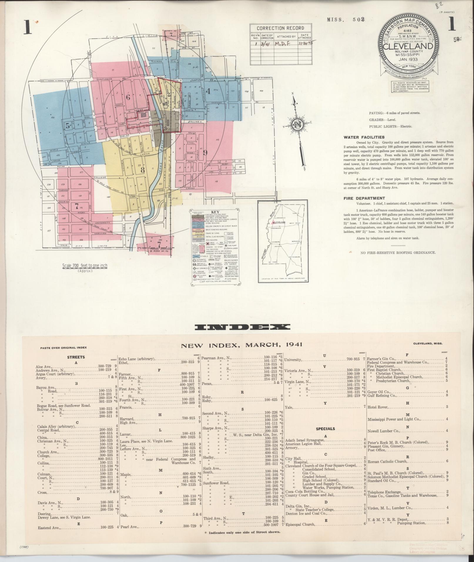 Sanborn Fire Insurance Map from Cleveland, Bolivar County, Mississippi (1941), Sheet #0001 - Historic Sanborn Fire Insurance Map Print, vintage old map wall art, antique decor, genealogy gift, Mississippi Mississippi map
