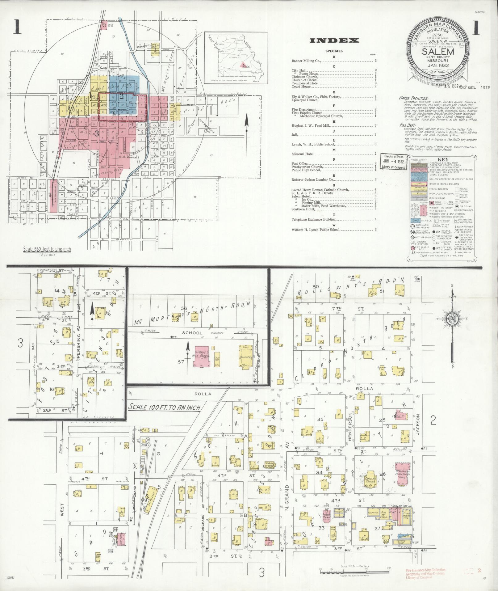 Sanborn Fire Insurance Map from Salem, Dent County, Missouri (1932), Sheet #0001 - Complete Map Set gallery image, historic Sanborn map, vintage wall art, Missouri Missouri