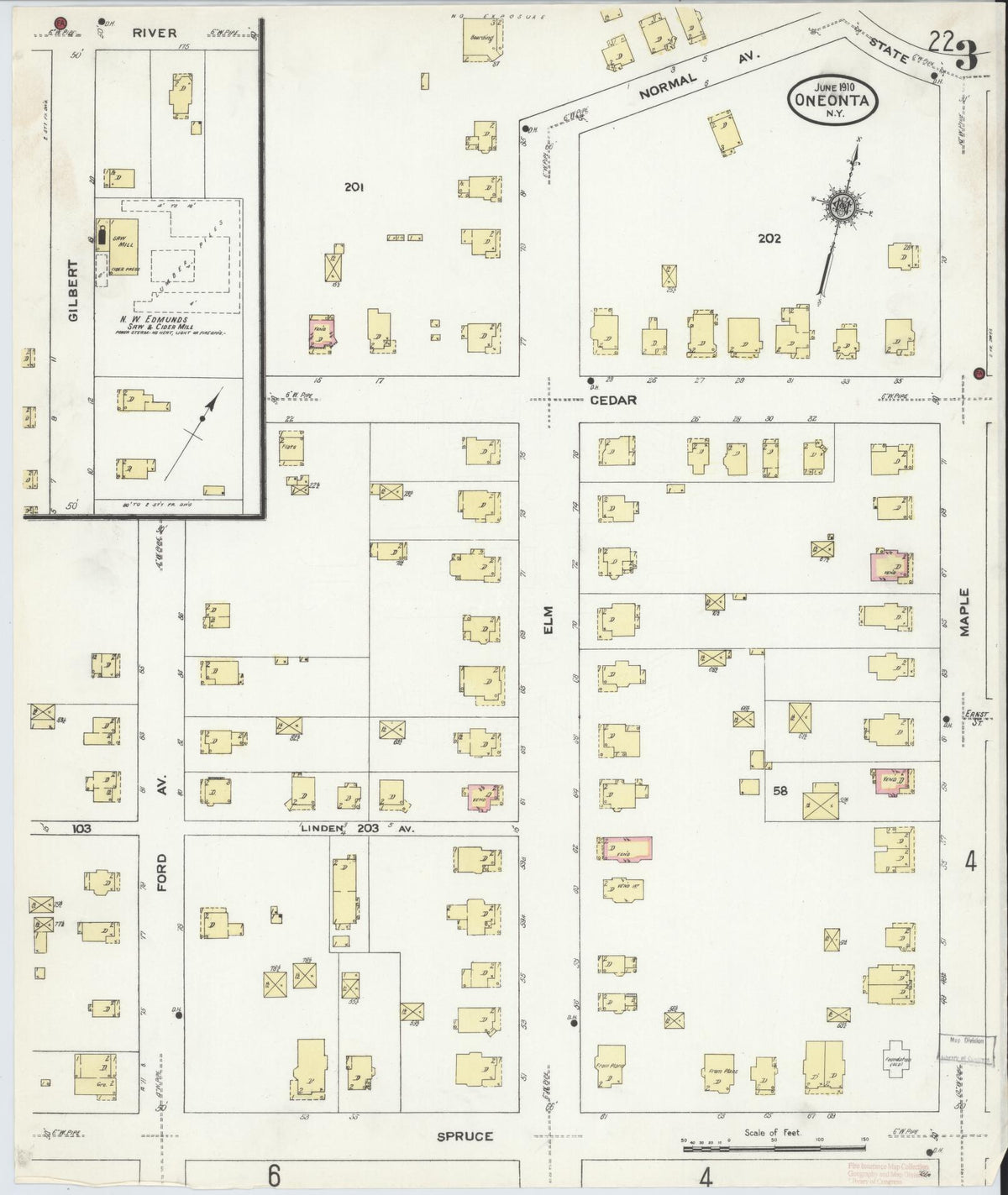 Sanborn Fire Insurance Map from Oneonta, Otsego County, New York (1910), Sheet #0003 - Historic Sanborn Fire Insurance Map Print, vintage old map wall art, antique decor, genealogy gift, New York New York map
