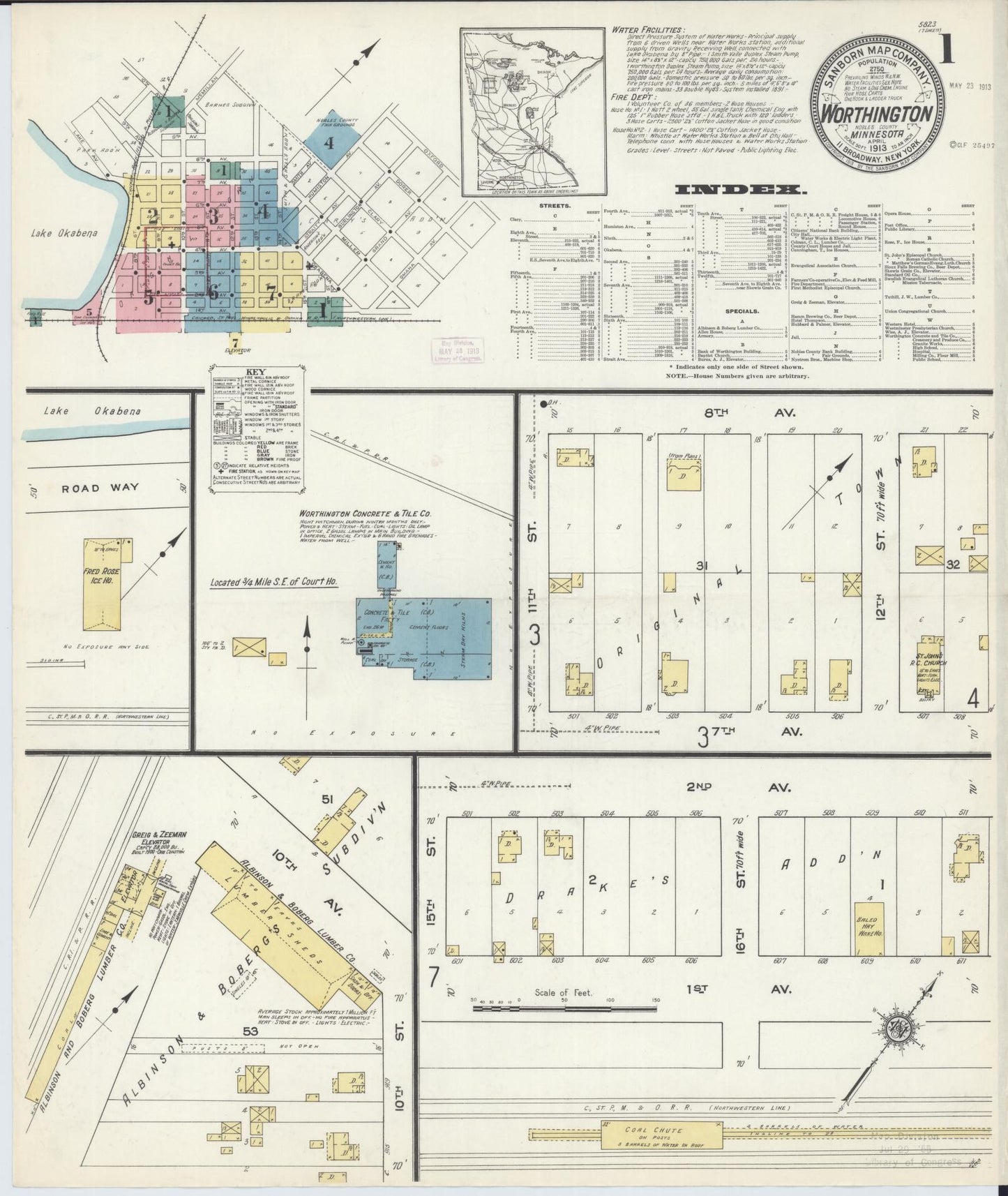Sanborn Fire Insurance Map from Worthington, Nobles County, Minnesota (1913), Sheet #0001 - Complete Map Set gallery image, historic Sanborn map, vintage wall art, Minnesota Minnesota