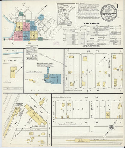 Sanborn Fire Insurance Map from Worthington, Nobles County, Minnesota (1913), Sheet #0001 - Complete Map Set gallery image, historic Sanborn map, vintage wall art, Minnesota Minnesota