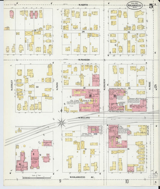 Sanborn Fire Insurance Map from Kalamazoo, Kalamazoo County, Michigan (1902), Sheet #0005 - Historic Sanborn Fire Insurance Map Print, vintage old map wall art, antique decor, genealogy gift, Michigan Michigan map