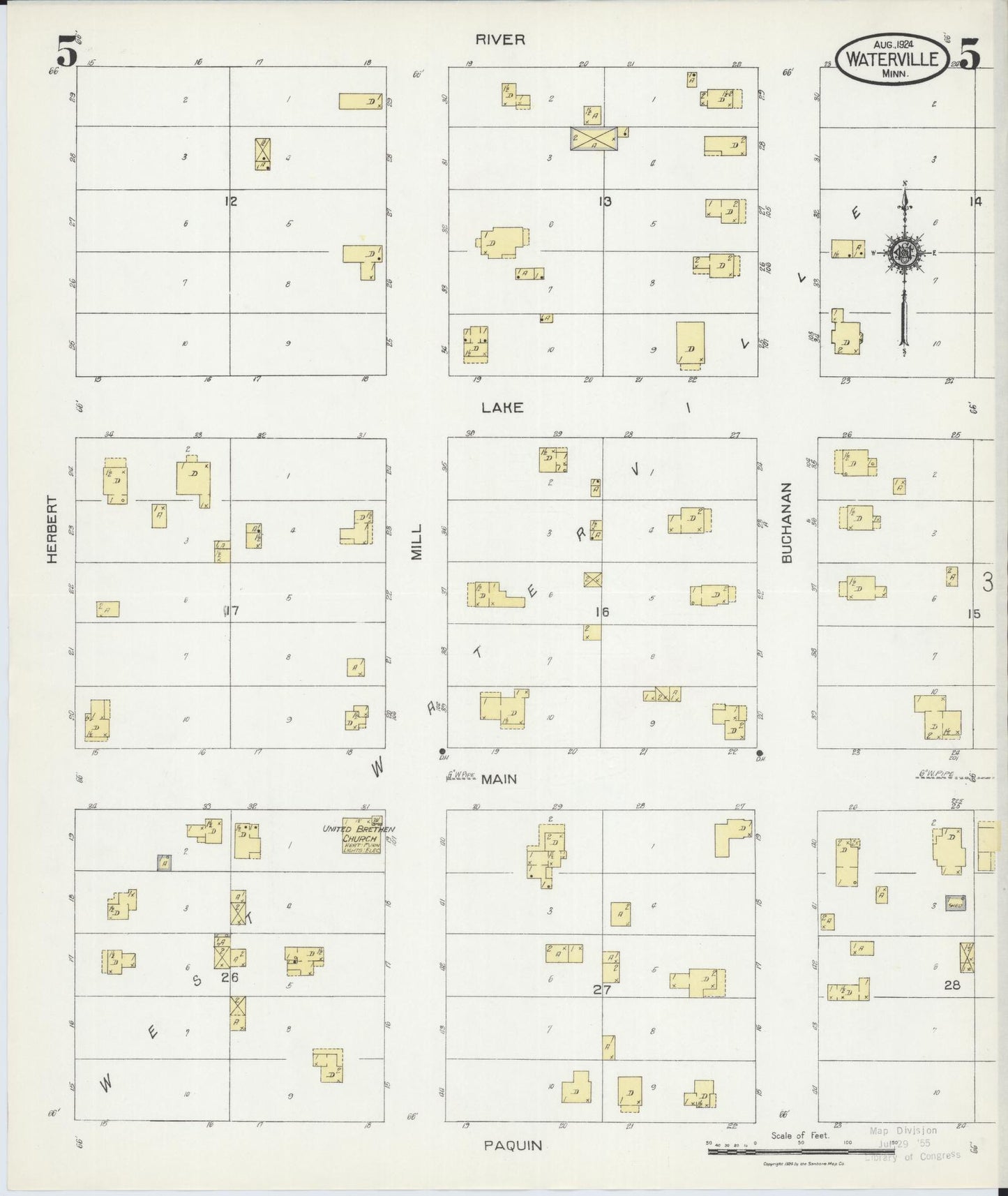Sanborn Fire Insurance Map from Waterville, Le Sueur County, Minnesota (1924), Sheet #0005 - Complete Map Set gallery image, historic Sanborn map, vintage wall art, Minnesota Minnesota
