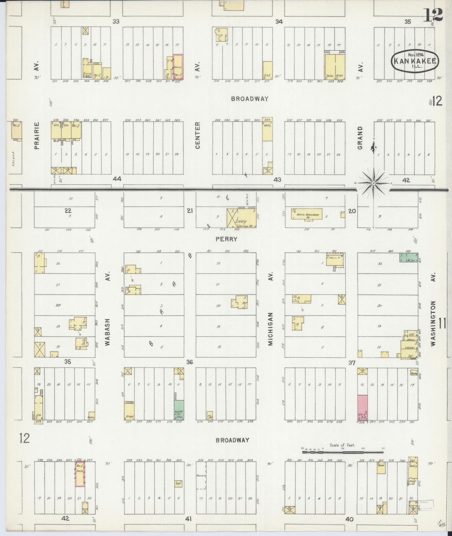 Sanborn Fire Insurance Map from Kankakee, Kankakee County, Illinois (1896), Sheet #0012 - Historic Sanborn Fire Insurance Map Print, vintage old map wall art, antique decor, genealogy gift, Illinois Illinois map