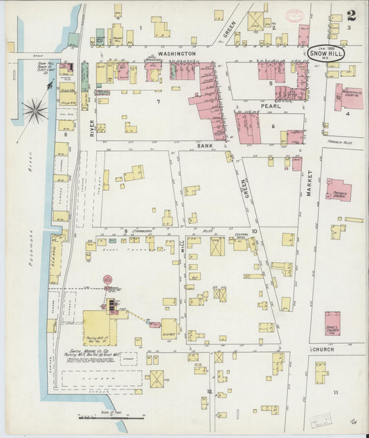 Sanborn Fire Insurance Map from Snow Hill, Worcester County, Maryland (1895), Sheet #0002 - Historic Sanborn Fire Insurance Map Print, vintage old map wall art