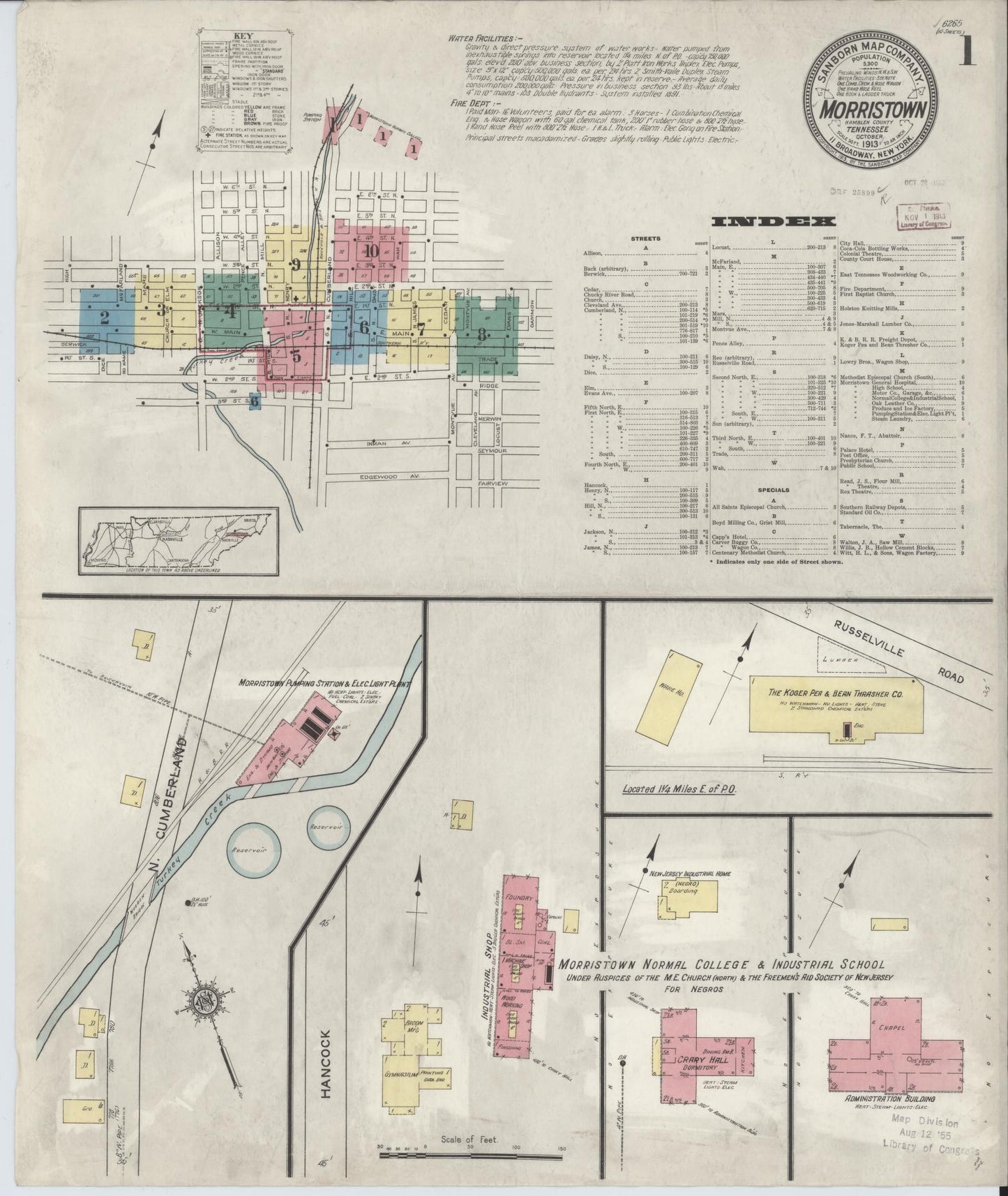 Sanborn Fire Insurance Map from Morristown, Hamblen County, Tennessee (1913), Sheet #0001 - Historic Sanborn Fire Insurance Map Print, vintage old map wall art, antique decor, genealogy gift, Tennessee Tennessee map