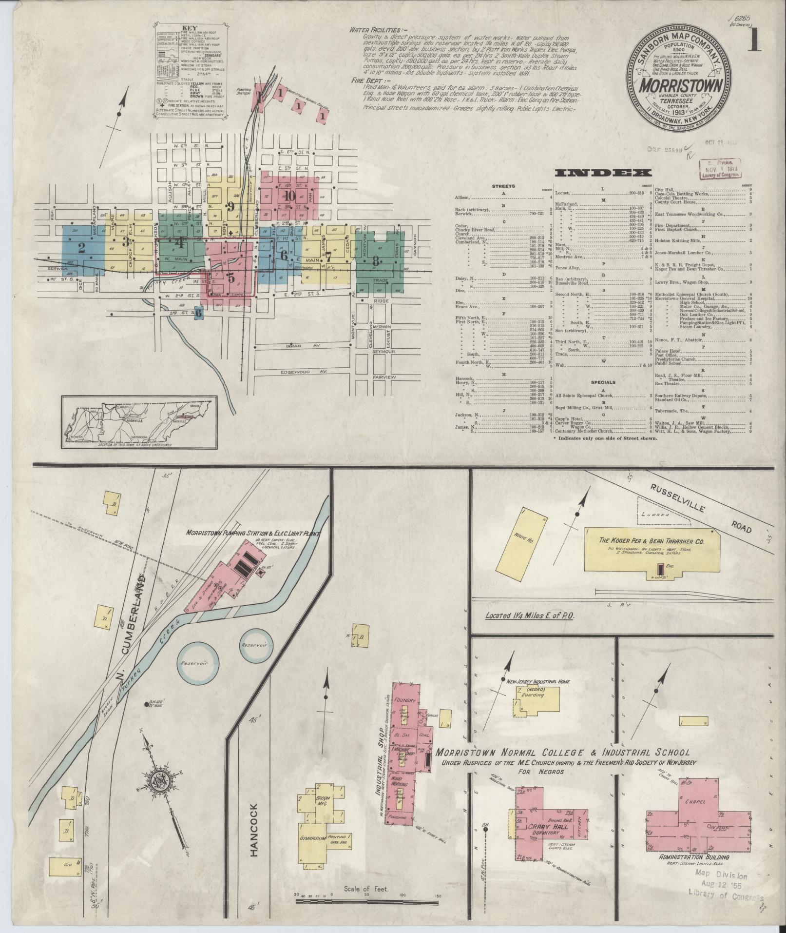 Sanborn Fire Insurance Map from Morristown, Hamblen County, Tennessee (1913), Sheet #0001 - Historic Sanborn Fire Insurance Map Print, vintage old map wall art, antique decor, genealogy gift, Tennessee Tennessee map