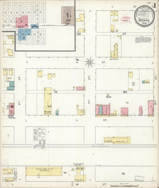 Sanborn Fire Insurance Map from Sanger, Fresno County, California (1893), Sheet #0001 - Complete Map Set gallery image, historic Sanborn map, vintage wall art, California California