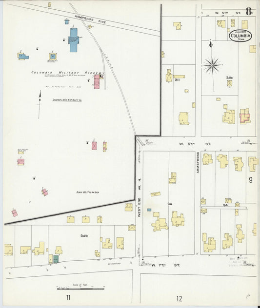 Sanborn Fire Insurance Map from Columbia, Maury County, Tennessee (1909), Sheet #0008 - Historic Sanborn Fire Insurance Map Print, vintage old map wall art, antique decor, genealogy gift, Tennessee Tennessee map