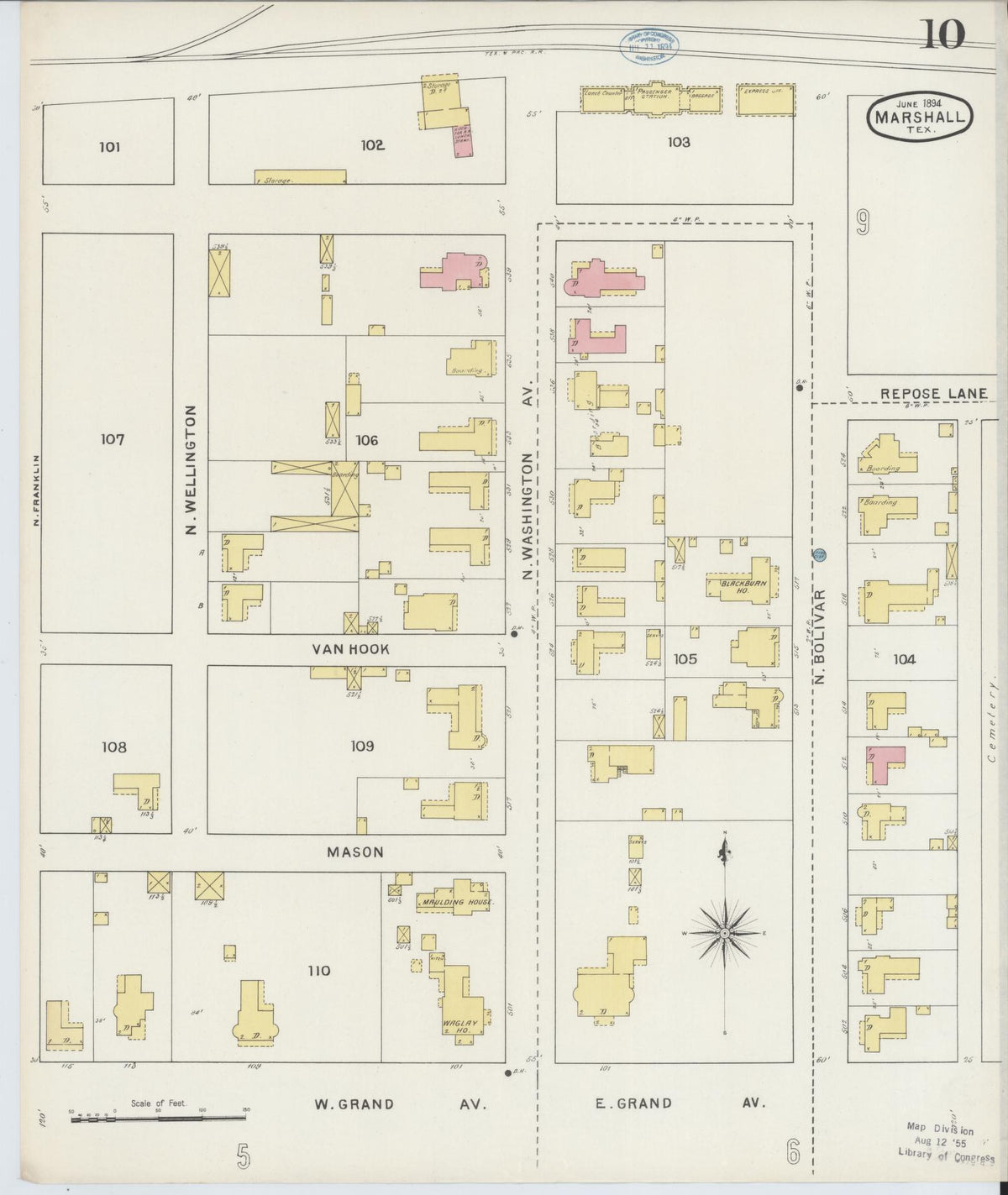 Sanborn Fire Insurance Map from Marshall, Harrison County, Texas (1894), Sheet #0010 - Historic Sanborn Fire Insurance Map Print, vintage old map wall art, antique decor, genealogy gift, Texas Texas map