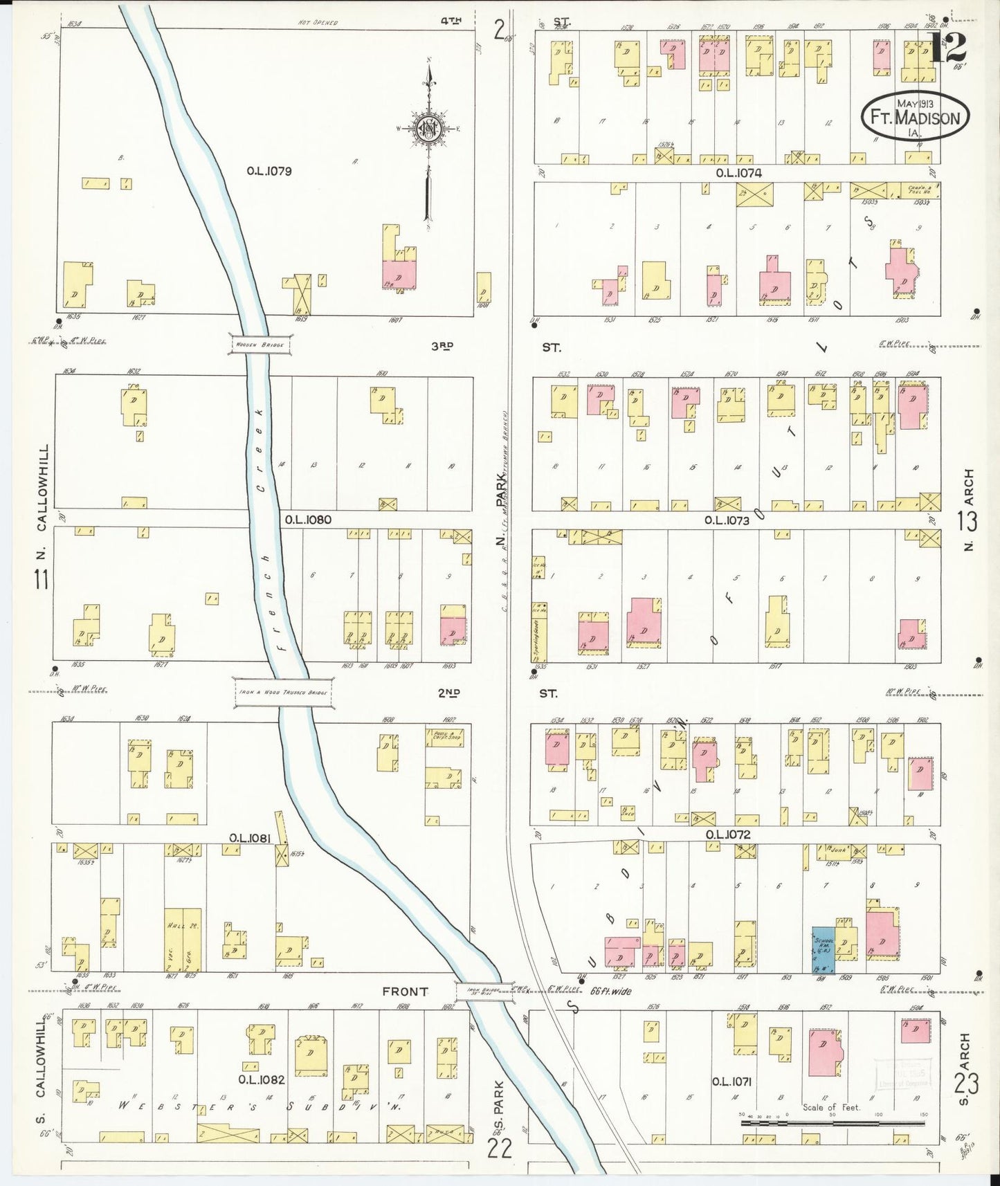 Sanborn Fire Insurance Map from Fort Madison, Lee County, Iowa (1913), Sheet #0012 - Historic Sanborn Fire Insurance Map Print, vintage old map wall art