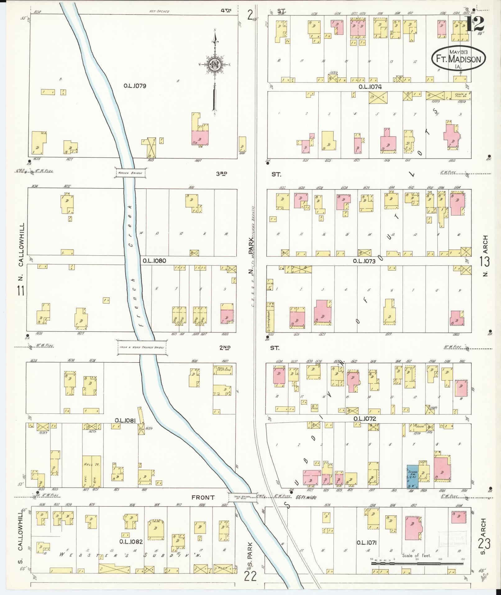 Sanborn Fire Insurance Map from Fort Madison, Lee County, Iowa (1913), Sheet #0012 - Historic Sanborn Fire Insurance Map Print, vintage old map wall art