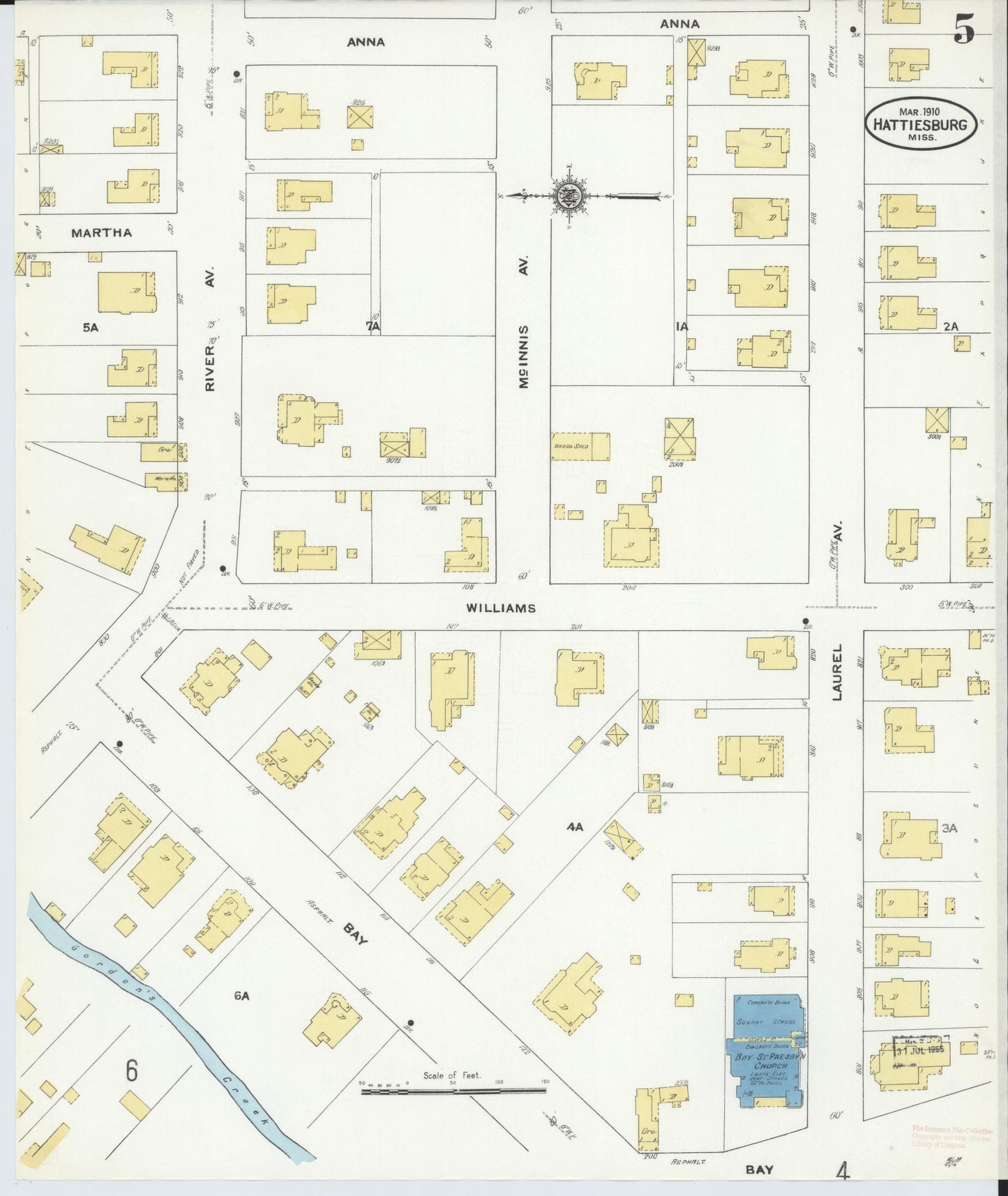 Sanborn Fire Insurance Map from Hattiesburg, Forrest County, Mississippi (1910), Sheet #0005 - Complete Map Set gallery image, historic Sanborn map, vintage wall art, Mississippi Mississippi