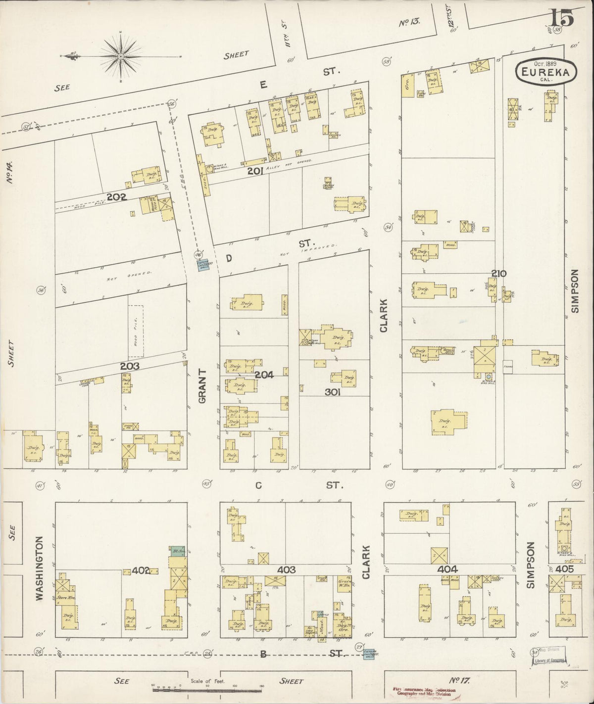 Sanborn Fire Insurance Map from Eureka, Humboldt County, California (1889), Sheet #0015 - Complete Map Set gallery image, historic Sanborn map, vintage wall art, California California
