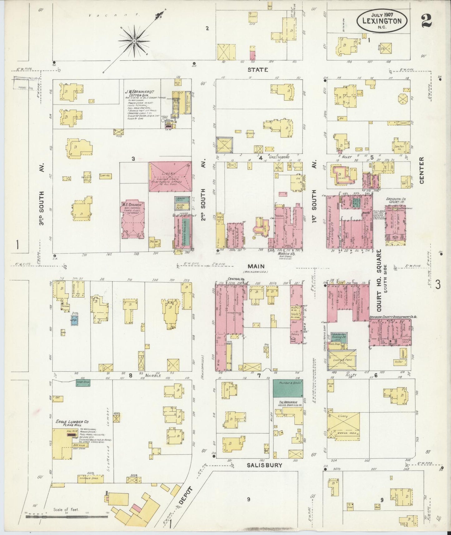 Sanborn Fire Insurance Map from Lexington, Davidson County, North Carolina (1907), Sheet #0002 - Historic Sanborn Fire Insurance Map Print, vintage old map wall art, antique decor, genealogy gift, North Carolina North Carolina map