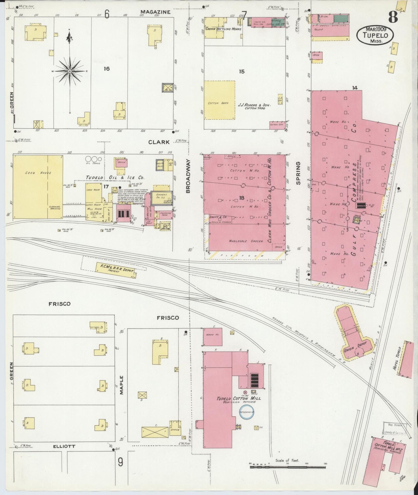 Sanborn Fire Insurance Map from Tupelo, Lee County, Mississippi (1909), Sheet #0008 - Historic Sanborn Fire Insurance Map Print, vintage old map wall art, antique decor, genealogy gift, Mississippi Mississippi map