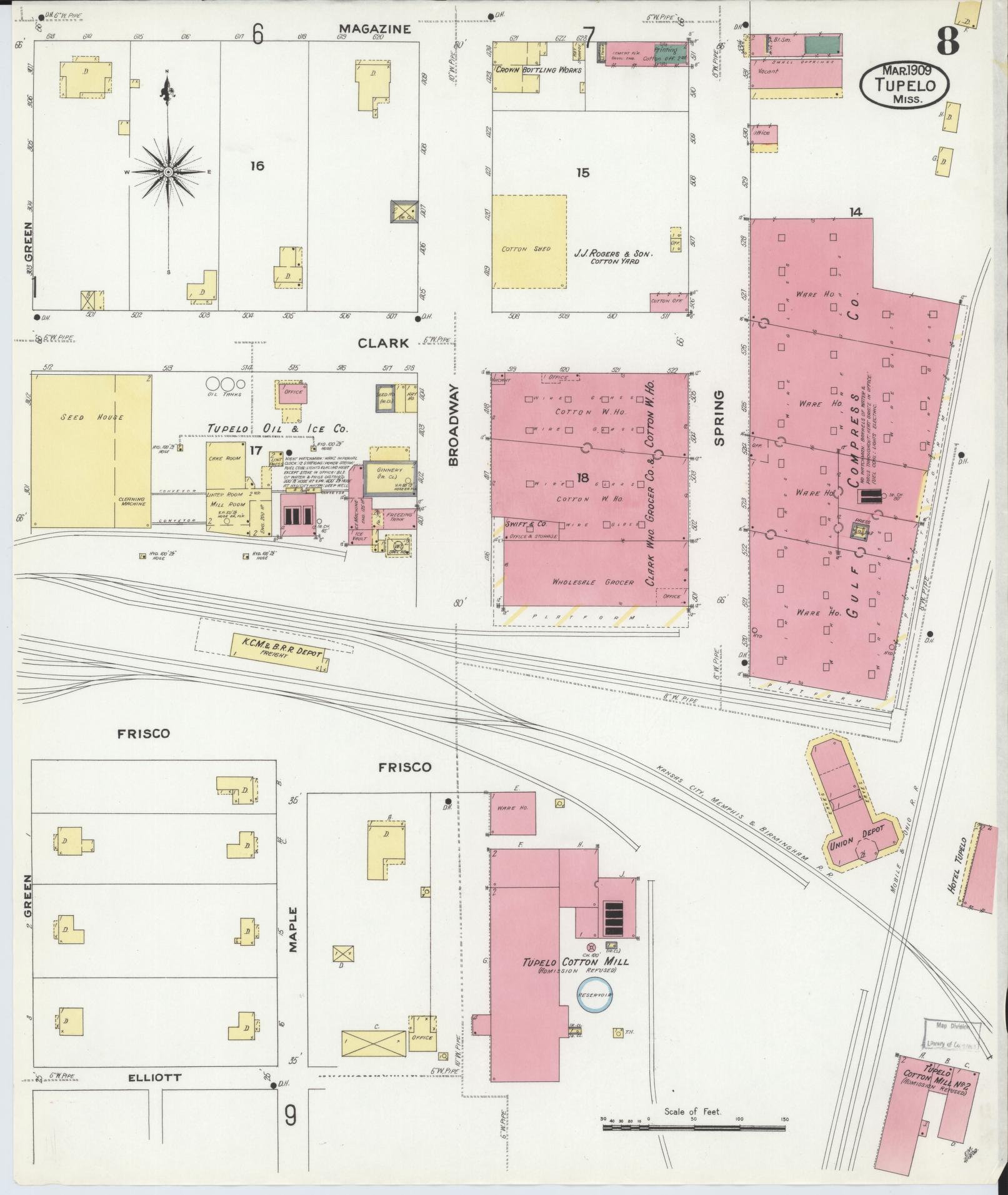 Sanborn Fire Insurance Map from Tupelo, Lee County, Mississippi (1909), Sheet #0008 - Historic Sanborn Fire Insurance Map Print, vintage old map wall art, antique decor, genealogy gift, Mississippi Mississippi map